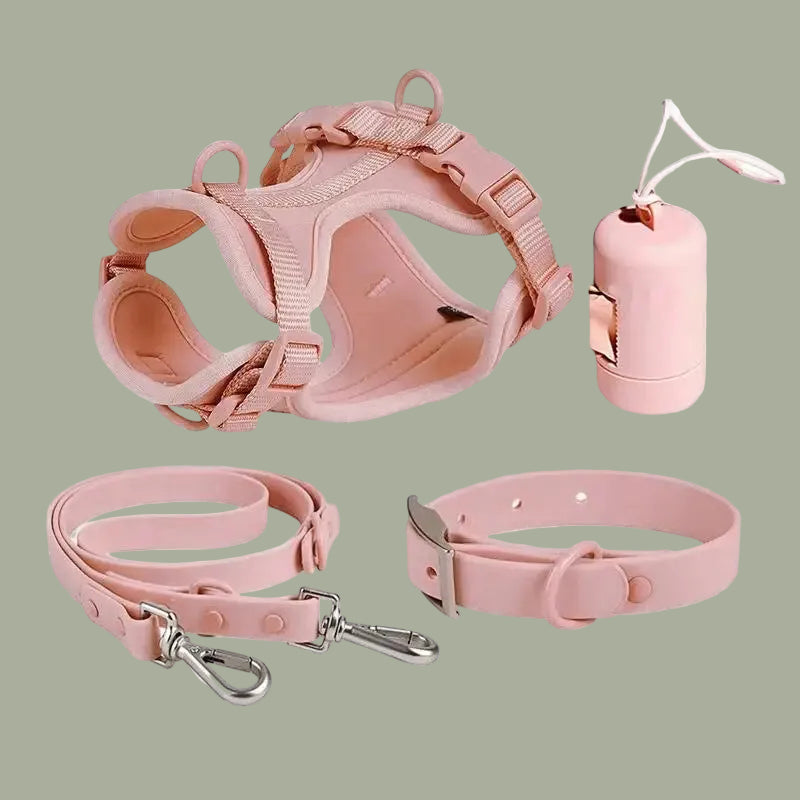 Luxury Waterproof PVC Neoprene Pet Poop Bag Dispenser Set, Dog Harness, Leash Collar Set for Dog, High Quality